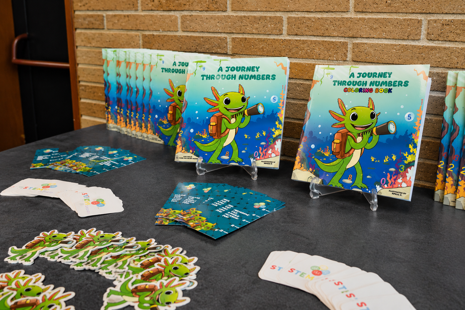STEMtacular product display featuring books, coloring books, stickers, and educational materials